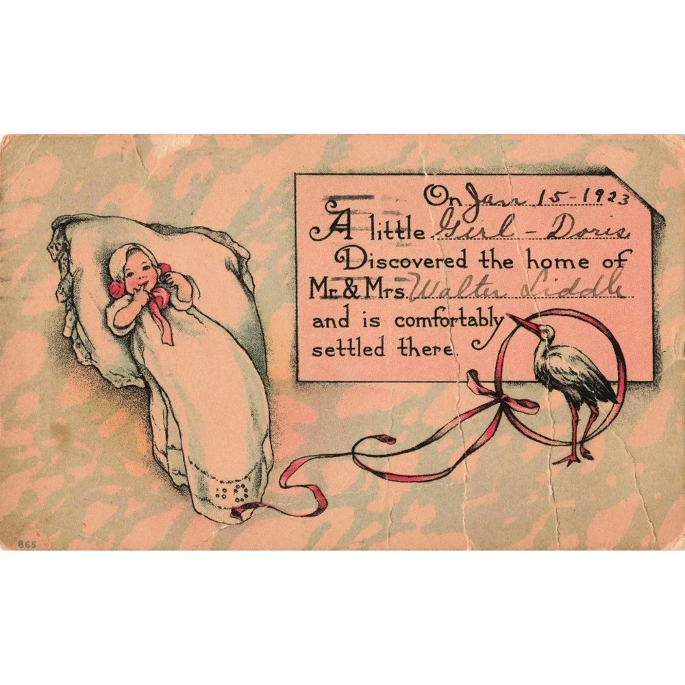Vintage 1923 Baby Birth Announcement Postcard Stork Milwaukee Wisconsin Doris